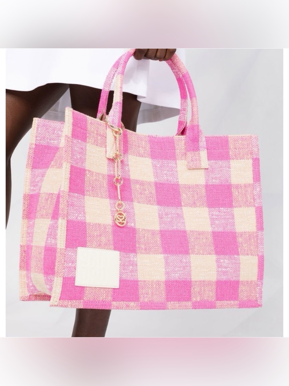 SANDRO Kasbah Gingham Pink & Cream Cotton Tote Bag